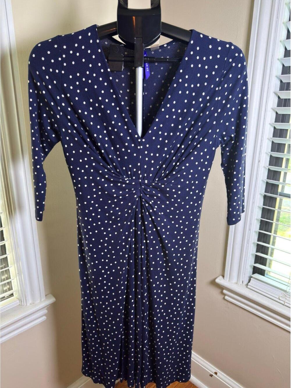 Seraphine Maternity Dress US 4 Navy White Polka Dot Twist Front Midi NWOT